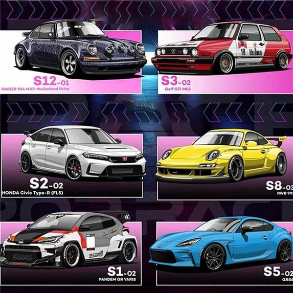 UNO1RC NM58560 Pop Race 1 by 64 Classic Model Car - GTi MK2 - 997 - Stagea R34 - Singer 964 Diecast Vehicle Toy Collection Gifts for Adults