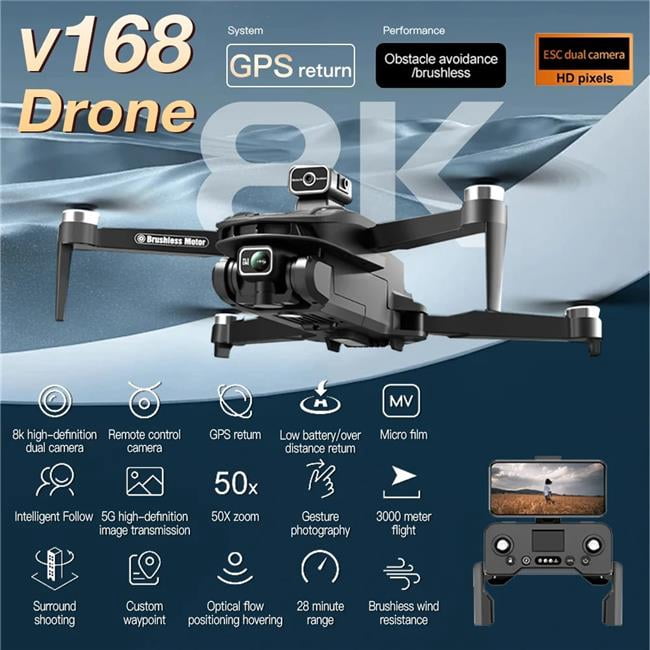 UNO1RC Xiaomi V168 Original GPS Drone 5G Professional 8K HD Aerial Photography Obstacle Avoidance Wi-Fi Drone RC Quadcopter Toys - Black