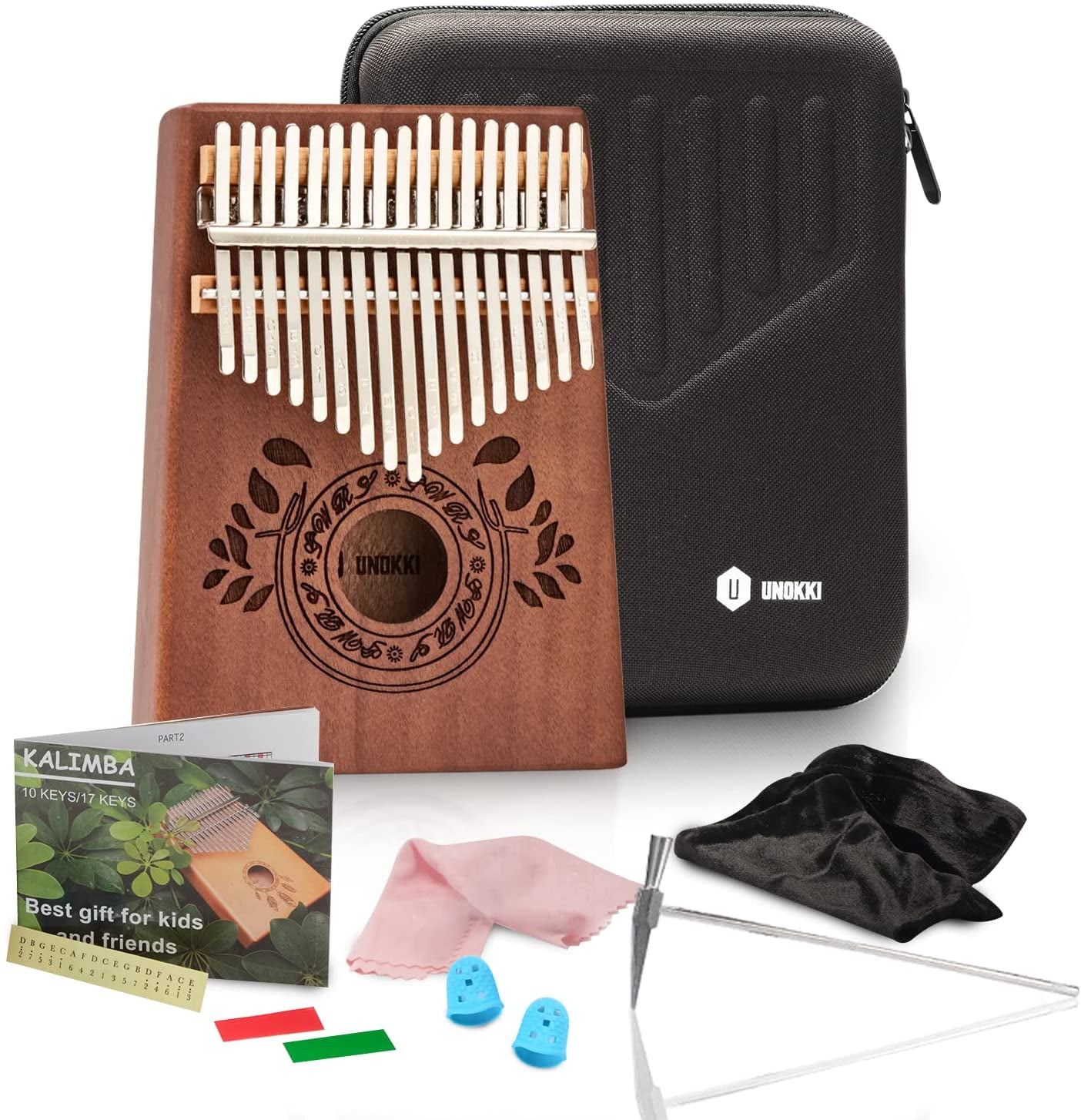 UNOKKI 17 Key Kalimba Thumb Piano with Ore Steel Tines | Includes Hard Case, Tuning Hammer, Finger Covers & More | Mahogany Mbira | Ideal Gift for Kids & Adults | Chocolate Brown Finish