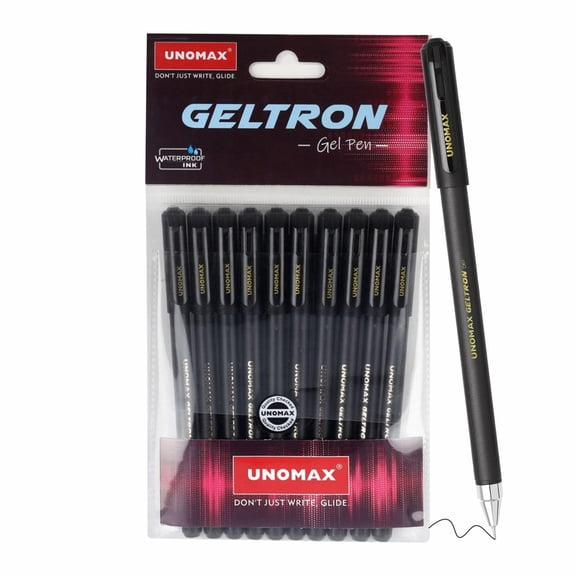 UNOMAX Geltron Gel Pen Pack of 10 (10 Black) | Professional Ergonomic Design for Daily Use, Exam-Friendly | Fast-Flowing Ink, Writing Precision, Budget-Friendly
