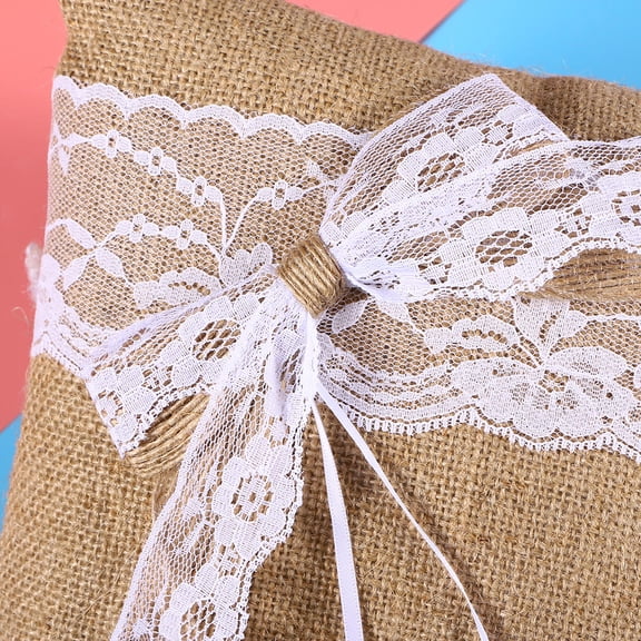 Soimiss Burlap Wedding Ring Pillow with Lace Trim and Bowknot Perfect for Ceremony