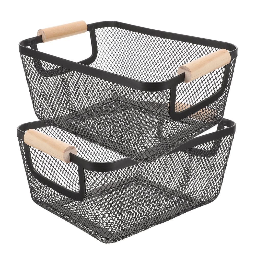 Soimiss 2Pcs Metal Mesh Storage Basket with Wood Handles Black Multifunctional Wire Organizer