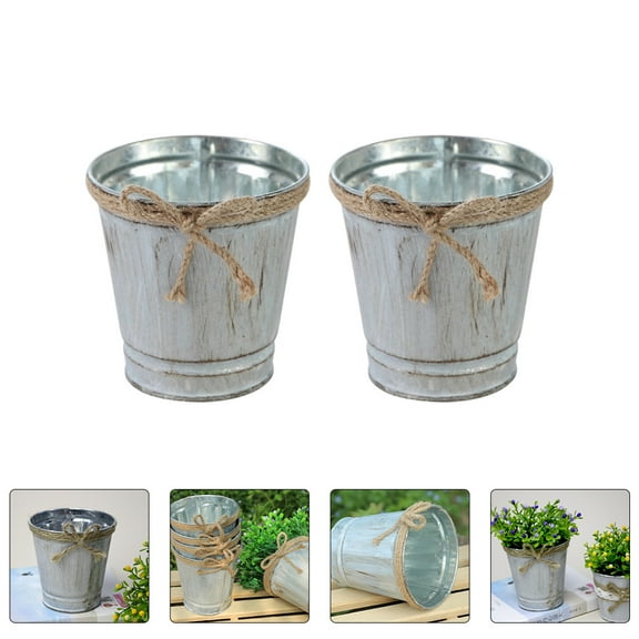 Soimiss 2Pcs Silver Iron Flower Buckets Decorative Vintage Style Plant Containers for Home