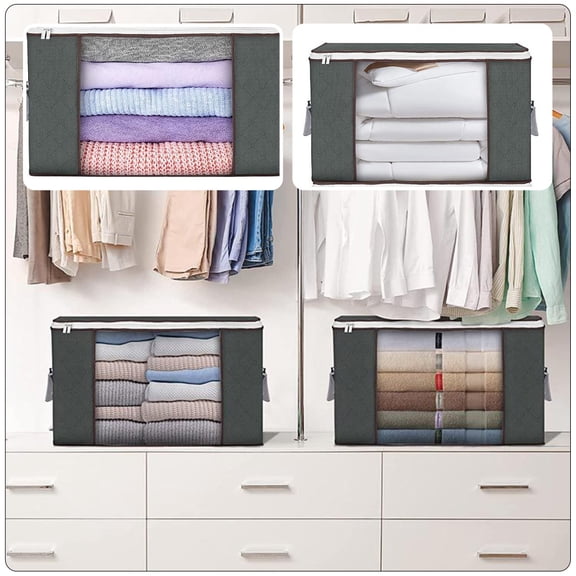 Soimiss 2Pcs Large Capacity Grey Clothes Storage Bins Quilt Organizer with Clear Window and Handle