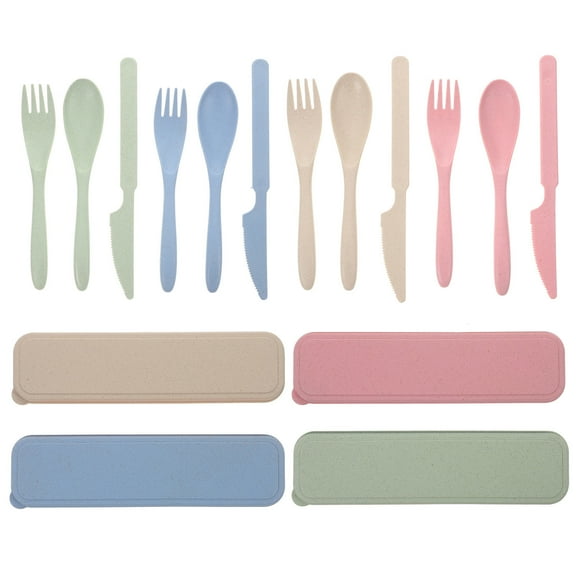 UNOMOR 4sets Portable Lunch Box Utensils Set Reusable Fork And Spoon With Tableware Case For Camping Picnics And