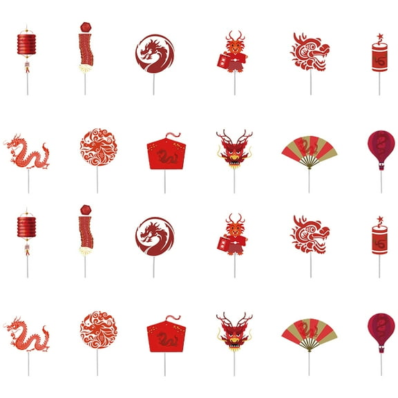 UNOMOR Chinese New Year Cupcake Toppers, 24pcs Cake Picks 2024 Year Of Dragon Cake Decorations Chinese Lunar Year Spring Festival Party Supplies