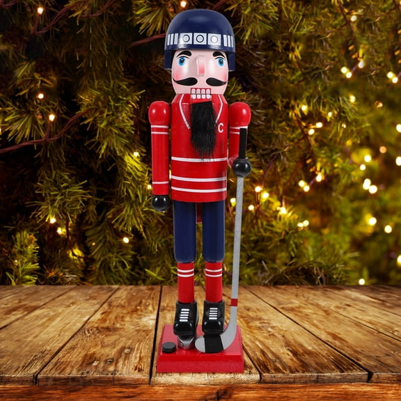 UNOMOR Ice Hockey Nutcracker Christmas Decor 14 Inch Hockey Player Nutcracker Figures With Hockey Stick Helmet Creative Christmas Sports Nutcracker For Home Mantle Shelf Tabletop