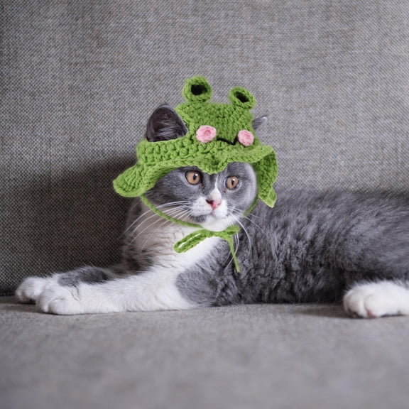 UNOMOR Pet Hat Cat Hat Green Woolen Yarn Frog Shape 1 Set S size for head circumference 54-56cm