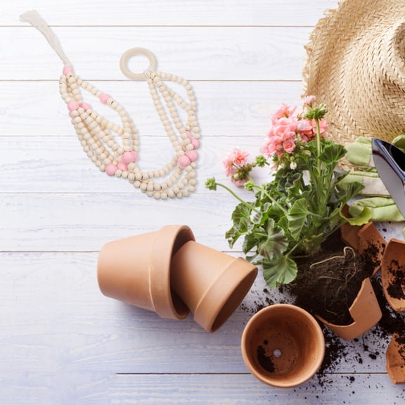 Soimiss Pink Wood Beads Plant Hanger Cotton Rope Woven Flower Pot Holder for Kitchen Wall Decoration
