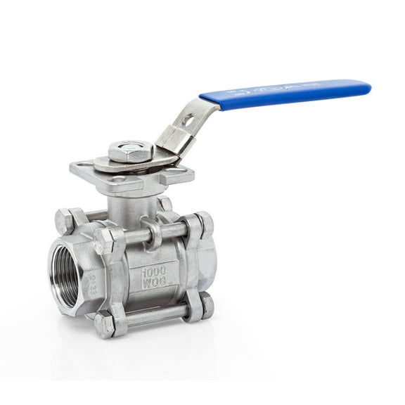 UNOX 2" NPT Full Port Ball Valve 3 pieces, Female Stainless Steel AISI304 Heavy Duty for Water Oil Gas Valve - 1000WOG Ball Valve with Threaded Mounting Pad and Blue Locking Handles