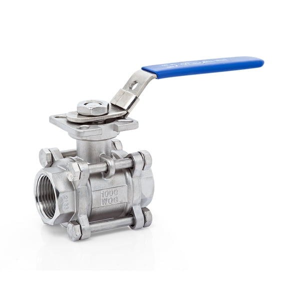 UNOX 3/4" NPT Full Port Ball Valve 3 pieces, Female Stainless Steel AISI304 Heavy Duty for Water Oil Gas Valve - 1000WOG Ball Valve with Threaded Mounting Pad and Blue Locking Handles
