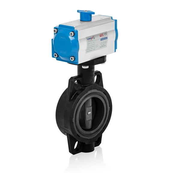 UNOX Butterfly Valve Ø160 (6") with Single Acting Pneumatic Actuator Wafer Type U-PVC Body for Water | Industrial Motorized Butterfly Valves