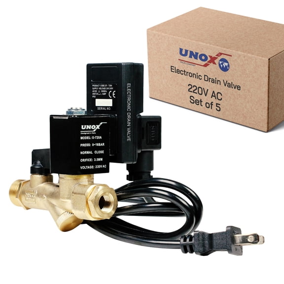 UNOX Electronic Drain Valve for Air Compressor Set of 5, 1/2" NPT to 1/4" NPT 220V AC Automatic Timed Tank Drain Valve with 6 feet US Plug Cable - Max 235 PSI Solenoid Valve Assembled
