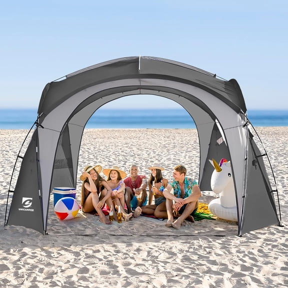 UNP Easy Beach Tent 12 X 12ft Pop Up Canopy UPF50+ Tent with Side Wall, Ground Pegs, and Stability Poles, Sun Shelter Rainproof, Waterproof for Camping Trips, Backyard Fun, Party Or Picnics (Gray)