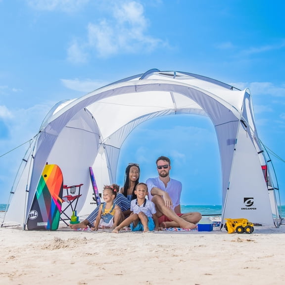 UNP Easy Beach Tent 12 X 12ft Pop Up Canopy UPF50+ Tent with Side Wall, Ground Pegs, and Stability Poles, Sun Shelter Rainproof, Waterproof for Camping Trips, Backyard Fun, Party Or Picnics (White)