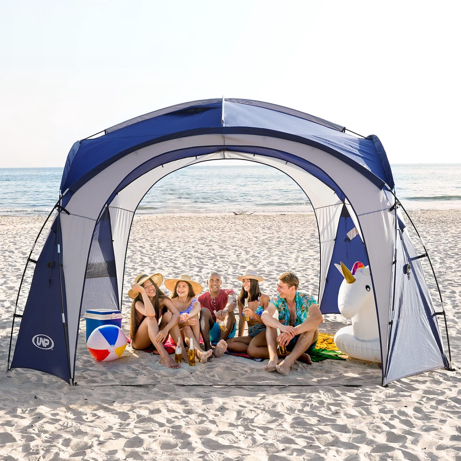 UNP Easy Beach Tent 12 X 12ft Pop Up Canopy UPF50+ Tent with Side Wall, Ground Pegs, and Stability Poles, Sun Shelter Rainproof, Waterproof for Camping Trips, Backyard Fun, Party Or Picnics (Blue)