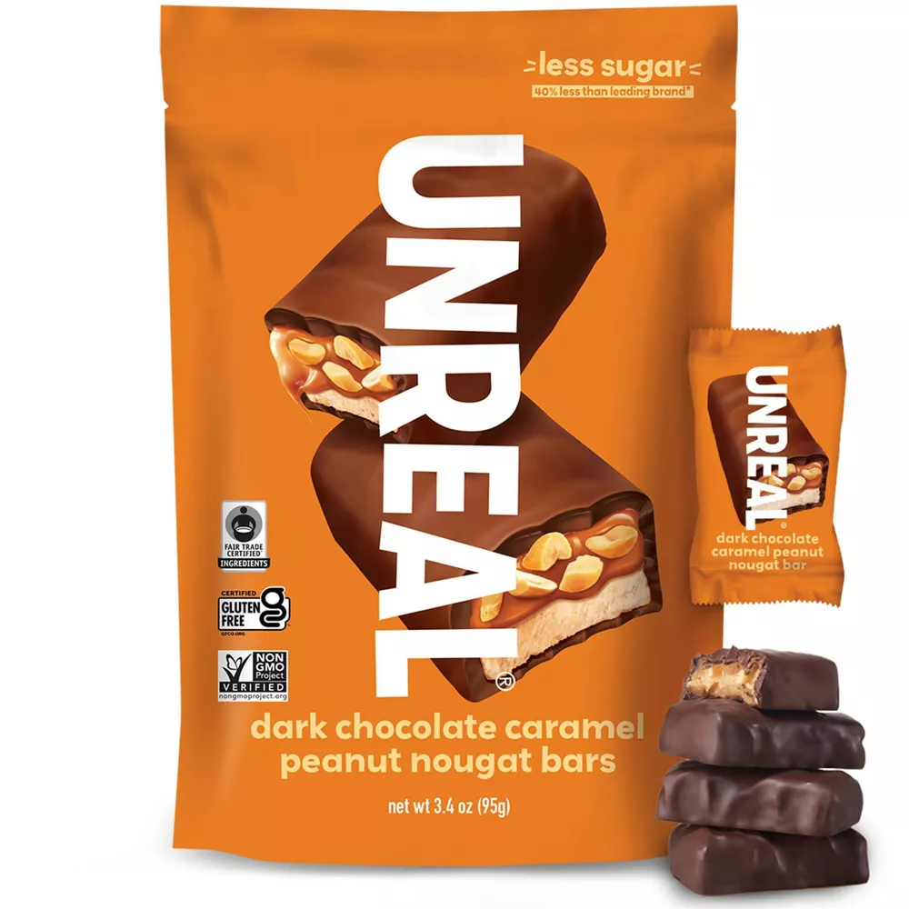 UNREAL Dark Chocolate TWE5&nbsp;Caramel Peanut Nougat Bars (1 Bag), 70% Organic Ingredients, Fair Trade, Non-GMO, No Corn Syrup, Sugar Alcohols, Soy, 3.4oz