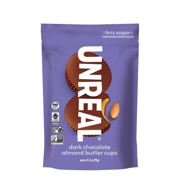 UNREAL Dark Chocolate Almond Butter Cups | Vegan, Gluten Free, Less Sugar | 3.2 Ounce (Pack of 6)