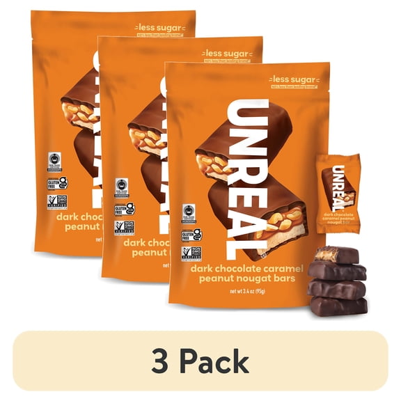(3 pack) UNREAL Dark Chocolate Caramel Peanut Nougat Candy Bar, 3.4 oz