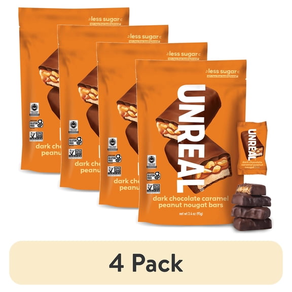 (4 pack) UNREAL Dark Chocolate Caramel Peanut Nougat Candy Bar, 3.4 oz