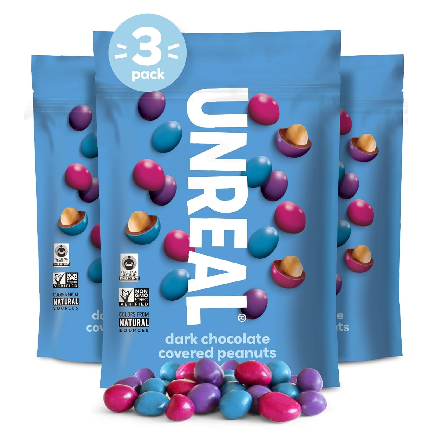 UNREAL Dark Chocolate Peanut Gems | Non-GMO, Vegan Certified, Colors from Nature | 3 Bags