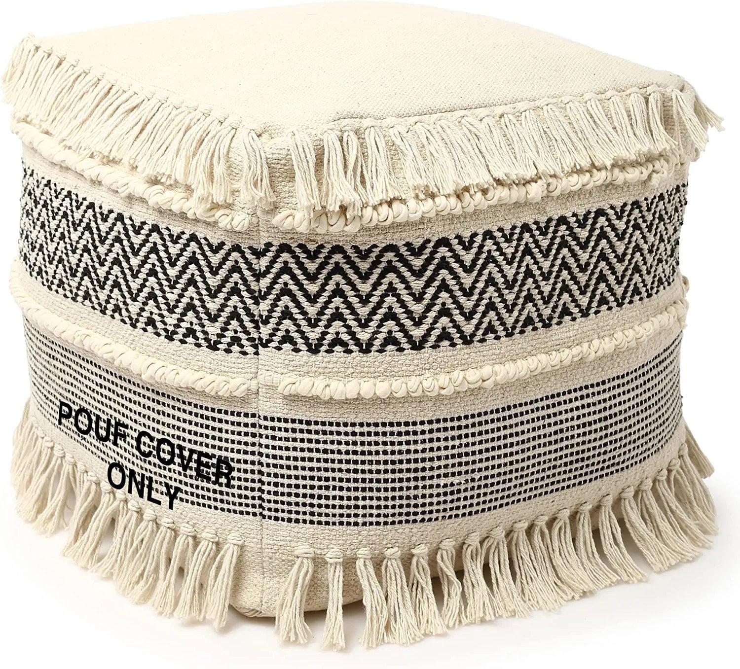 Black and Off-White Cotton Boho Pouf Ottoman Cover