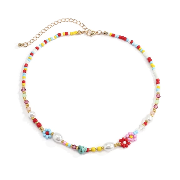 UNTERING Cute Flowers Choker Imitation Pearls Colorful Beaded Necklace Sweet Short Clavicle Chain Necklace Fashion Jewelry