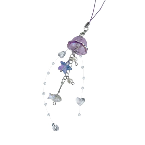 UNTERING Elegant Jellyfish Inspired Phone Charm Portable Keychain with Crystals Star and Pearls Accents for Phone Accessorizing