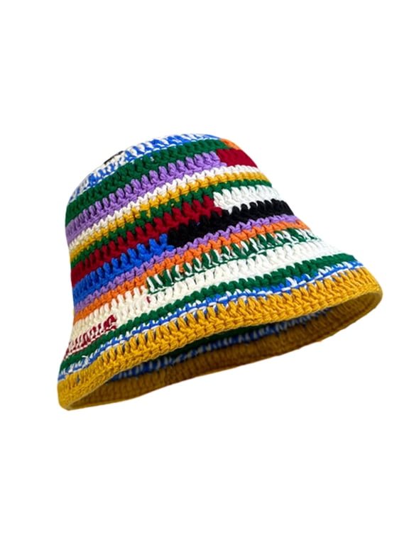 Knitted Hat Handmade Knit Stripe Bucket Hat for Woman Weaving Stripe Pattern Floppy Bucket Hat Adult Teens Winter Fisherman