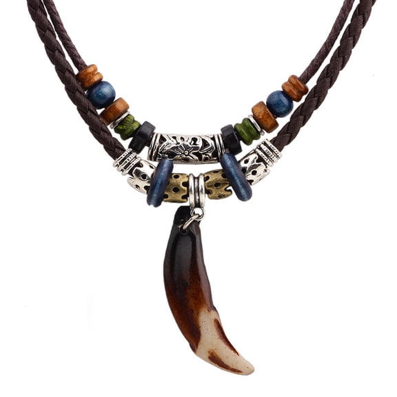 UNTERING Necklace Leather Tribal Necklace for Women Men Vintage Ethnic Wood Beads Choker Necklace Dog Tooth Pendant Jewelry
