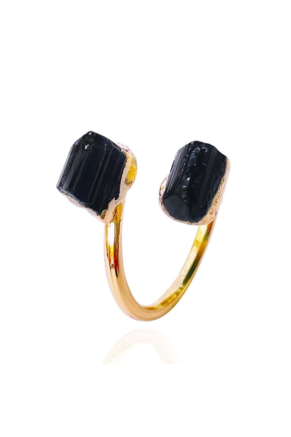 Ring Irregular Black Rough Stone Open Golden Handmade Finger Jewelry Adjustable Size for Women Men