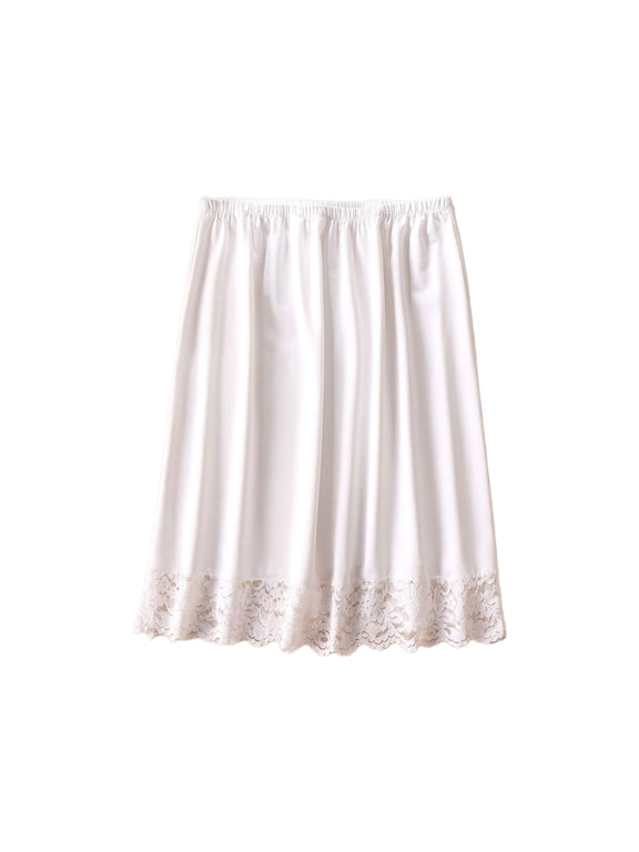 Women Knee Length Invisible Underskirt Petticoat Half Slip Elastic Waist Solid Lace Trim Midi Skirt for Under Dresses