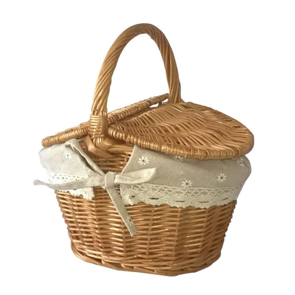 UNTERING for Creative Basket Handmade Wicker Hamper Food Fruit Storage Hamper Basket with Handle Double Lid for Camping