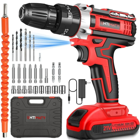 UNTIMATY 21V Cordless Power Drill Set, Power Drill Driver Kit with Lithium-Ion Battery and Charger, 3/8-Inch Keyless Chuck, 2 Variable Speed, 25+3 Position and 31pcs Drill/Driver Bits, Red