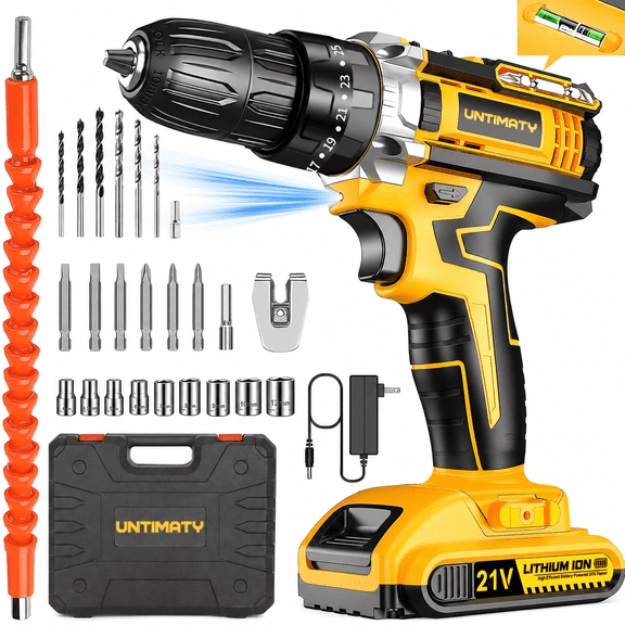 UNTIMATY 21V Cordless Power Drill Set, Power Drill Driver Kit with Lithium-ion Battery and Charger, 3/8-Inch Keyless Chuck, 2 Variable Speed, 25+3 Position and 33pcs Drill/Driver Bits