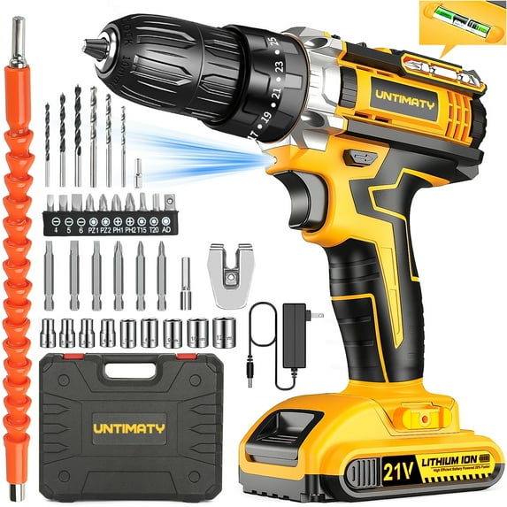 UNTIMATY 21V Cordless Power Drill Set, Power Drill Driver Kit with Lithium-ion Battery and Charger, 3/8-Inch Keyless Chuck, 2 Variable Speed, 25+3 Position and 33pcs Drill/Driver Bits