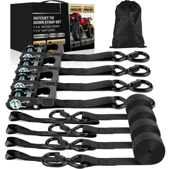 UNTIMATY 4 pack Ratchet Straps with Hook Cargo Straps Heavy Duty Tie Down Straps with Safety S Hooks, Rubber Grips and Soft Loops,1 in × 15ft ,1800 lb Break Strength