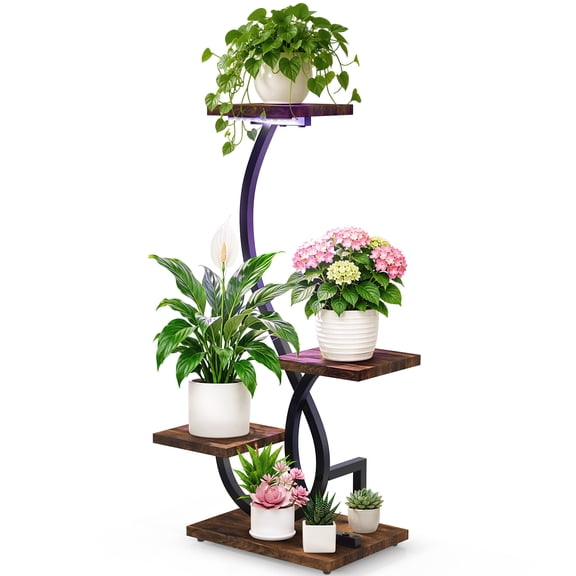 UNTIMATY 4-Tier Brown Metal Plant Stand with Grow Light for Indoor Corners Flower Pot Stand Wood Plant Shelf, 20" x 10" x 32"