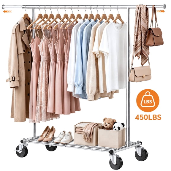 UNTIMATY 450 lbs Heavy Duty Clothes Rack, 44-69.3" Adjustable Rolling Garment Rack on Wheels, Metal Closet Organizer for Bedroom Laundry, Silver