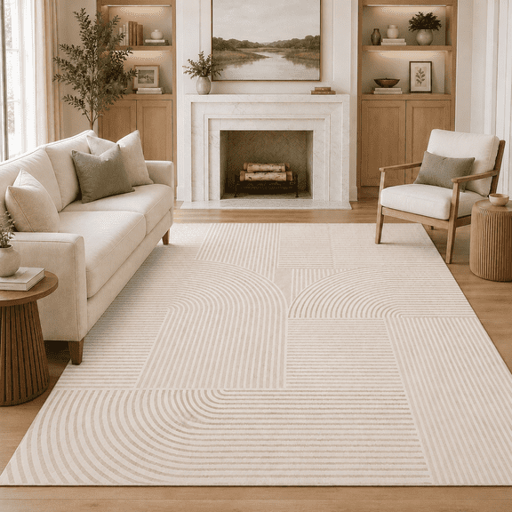 UNTIMATY 5'x7' Area Rugs for Living Room, Arch Pattern Low Pile Textured Rugs Carpets, Washable Modern Rug for Living Room Bedroom Dining Room, Beige