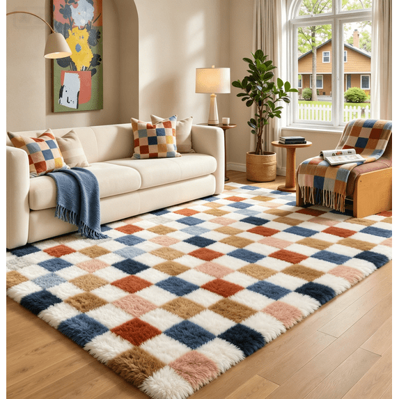 ZRSDIXK 5'x8' Large Shag Area Rugs for Living Room Bedroom Dining Room Plush Pile Soft Checkered Fluffy Geometric Modern Indoor Carpets Rugs,Multicolor