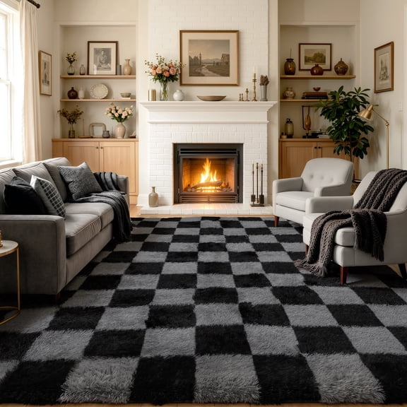 UNTIMATY 5'x8' Rugs for Living Room, Fluffy Soft Rugs Carpets for Living Room Bedroom High-Plie Checkered Washable Rugs, Black & Gray