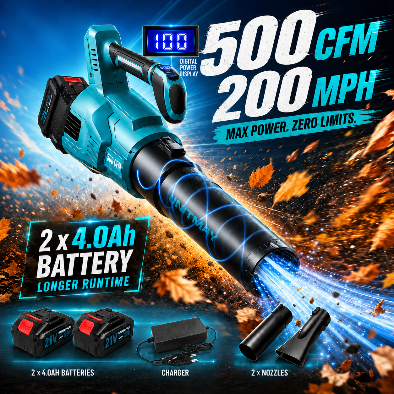 UNTIMATY 500 CFM Cordless Leaf Blower for Lawn Care 200 MPH Battery Leaf Blower Leaf Blower with 2 x 4.0Ah Battery, Brushless Motor, Charger, 3 Variable Speeds