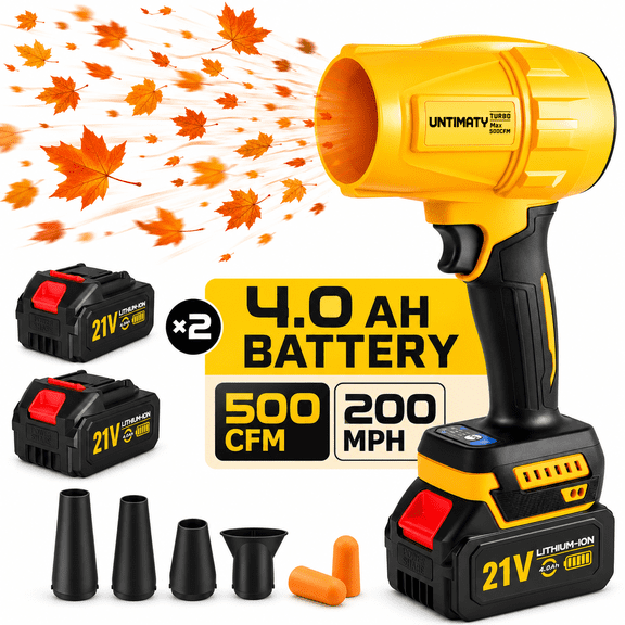 UNTIMATY Leaf Blower Cordless with 2 Batteries & 4 Charger - 300,000 RPM Electric Handheld Blower, Lightweight for Lawn, Yard, Patio, Garden Care - Yellow