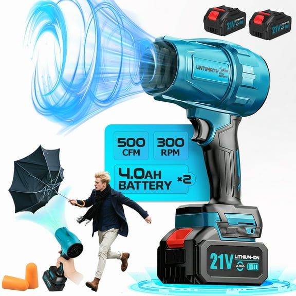 UNTIMATY 500 CFM Cordless Leaf Blower for Lawn Care 300K RPM Battery Leaf Blower Leaf Blower with 2 x 4.0Ah Battery, Charger, Stepless Speed Adjustment