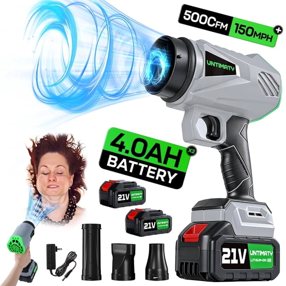 UNTIMATY 500 CFM Cordless Leaf Blower for Lawn Care 300K RPM Battery Leaf Blower Leaf Blower with 2 x 4.0Ah Battery, Charger, Stepless Speed Adjustment,4 Extension Tubes, Light Gray