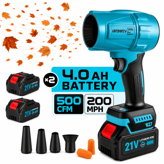 UNTIMATY Leaf Blower Cordless with 2 Batteries & 4 Charger - 300,000 RPM Electric Handheld Blower for Lawn, Yard, Patio, Garden Care - Blue