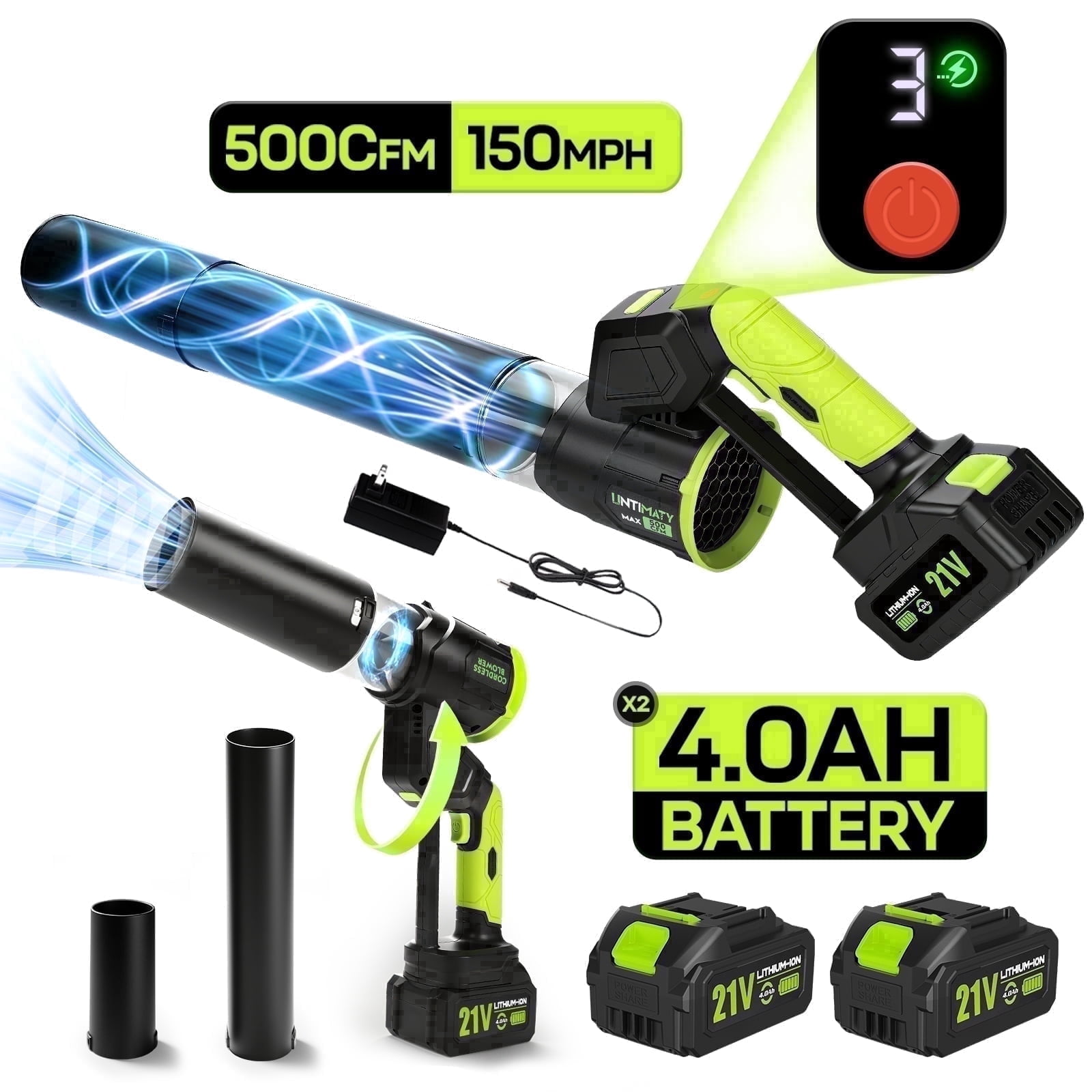 500 CFM Cordless Leaf Blower for Lawn Care 150 MPH Battery Leaf Blower Leaf Blower with 2 x 4.0Ah Battery, Brushless Motor, Charger, 3 Variable Speeds