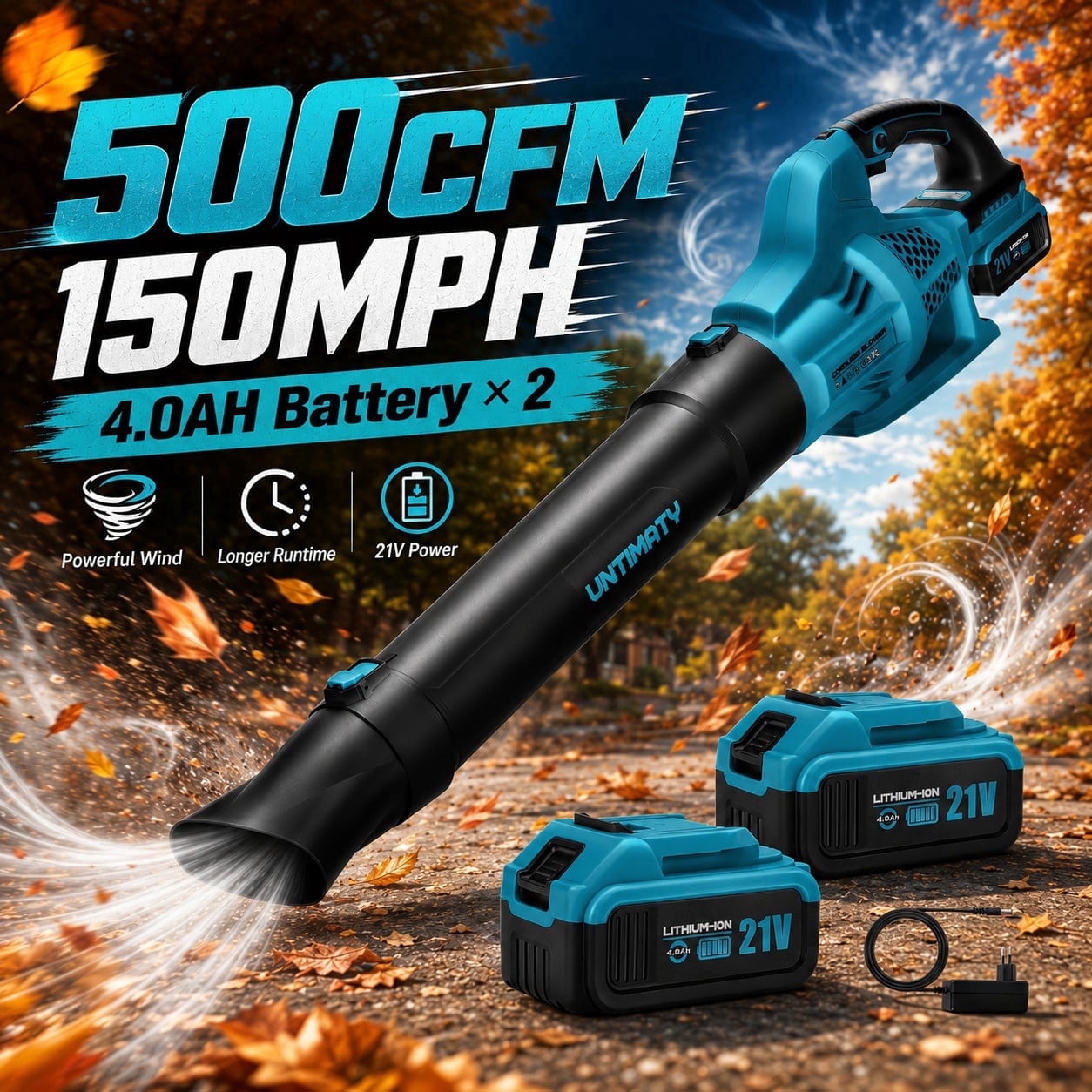 UNTIMATY Cordless Leaf Blower 150 MPH 500 CFM with 2x4.0Ah Batteries ...