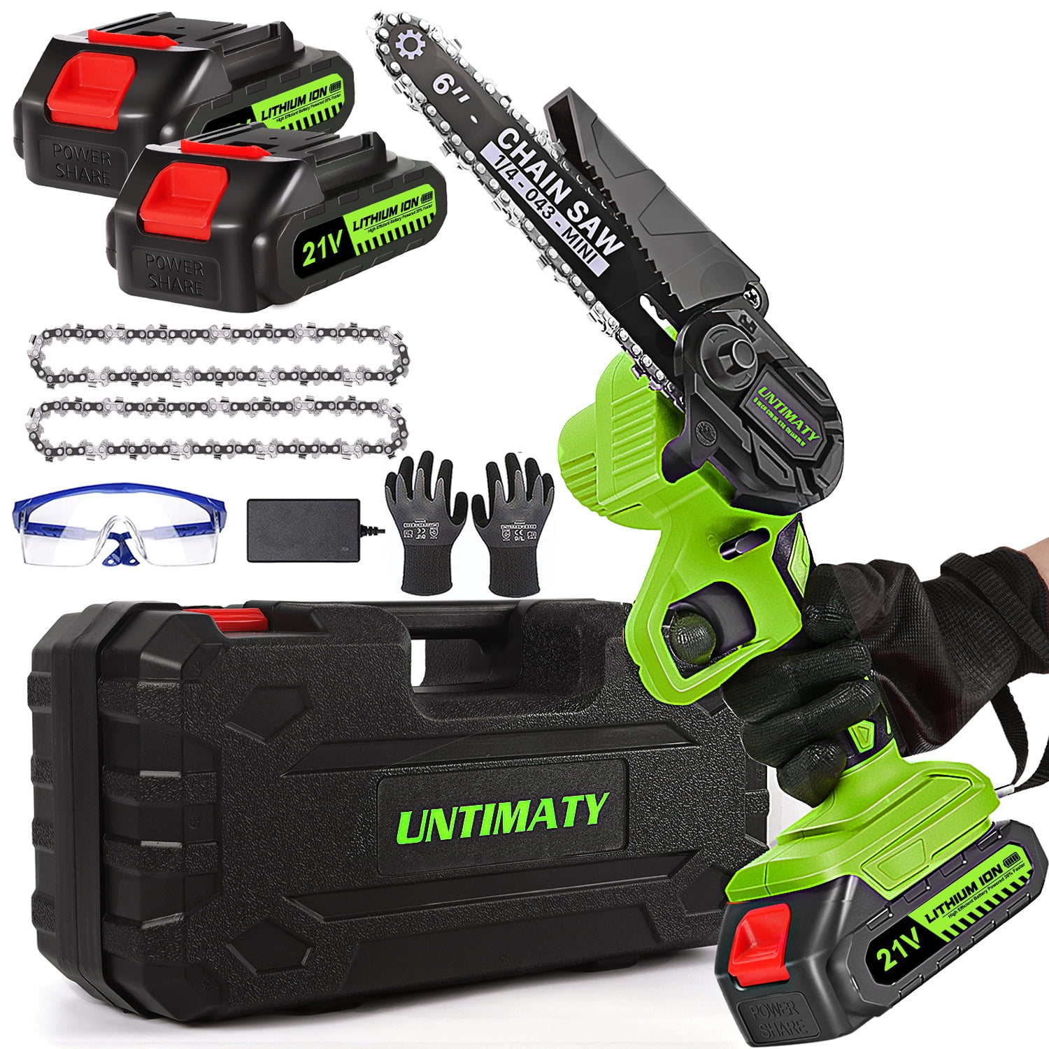 UNTIMATY 6" Cordless Mini Chainsaw, 6-inch Electric Portable One-Hand Chain Saw Wood Cutter, 2 Batteries 2 Chains, Green